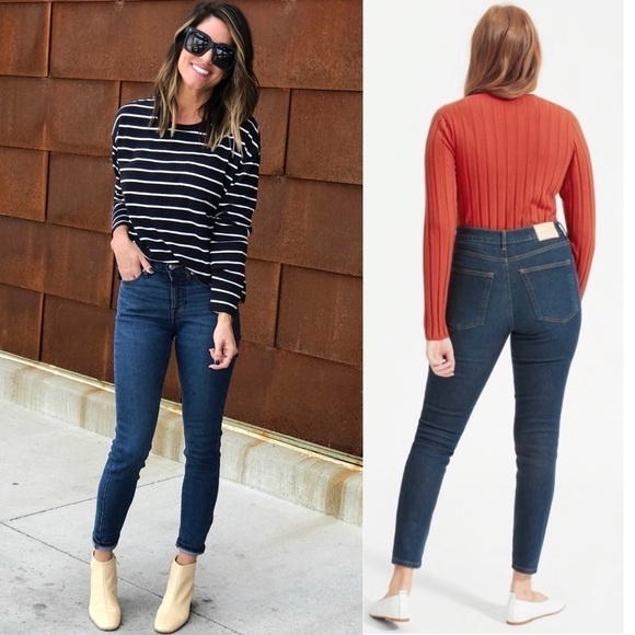 EVERLANE 90s High Waist Dark‎ Wash Stretch Denim Ankle Cropped Skinny Jeans 25 - Picture 1 of 13